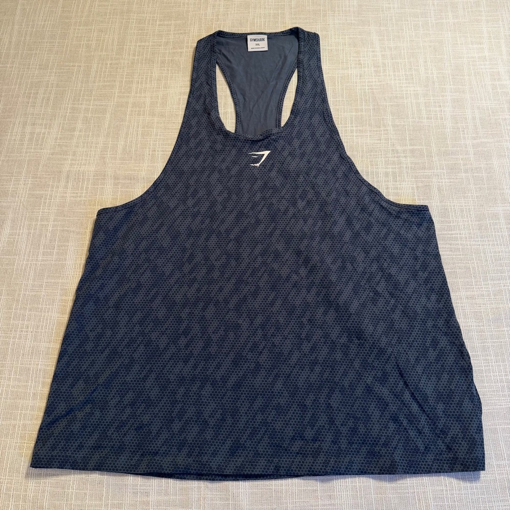 Gymshark Mens XXL Gray Black Hex Honeycomb Stringer Tank Top Racerback GMSR3250